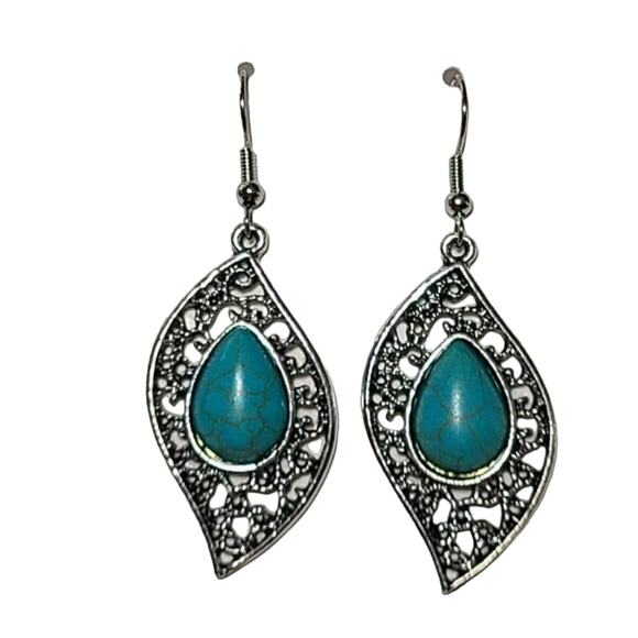 Silver Turquoise Stone Dangle Drop Fashion Earrings - Picture 1 of 2